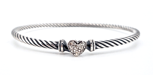DAVID YURMAN CABLE COLLECTIBLES STERLING SILVER CABLE PAVE DIAMOND HEART BANGLE
