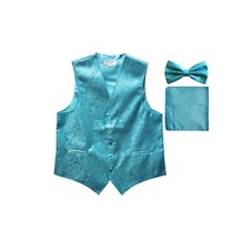 New Polyester Men's paisley Tuxedo Vest Waistcoat Bowtie  Hankie Turquoise blue