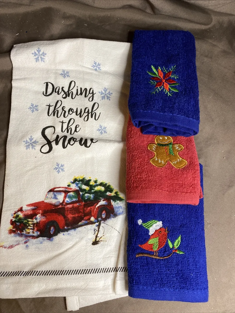 4 Piece Christmas Holiday Wash Cloth & Tea Towel Red Blue Gingerbread Holly