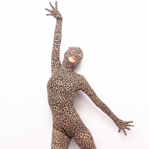 Women's Full Bodystocking Leopard Print Bodysuit Jumpsuit Catsuit w/ Hood Gloves - Picture 4 of 11