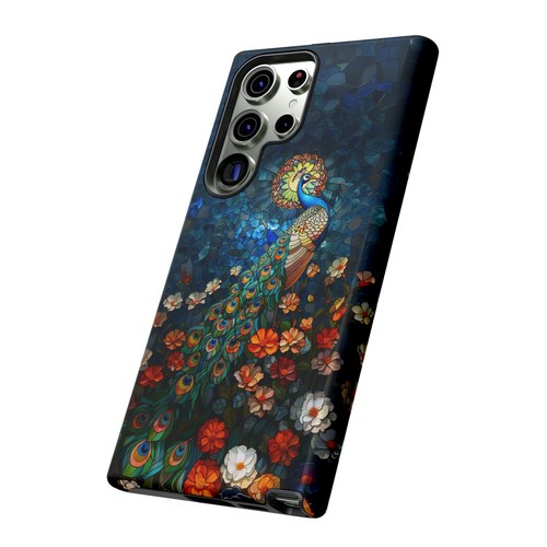 For iPhone, Galaxy, Pixel Phone Case Cover - Blue Stained Glass Peacock Flower - Picture 194 of 242