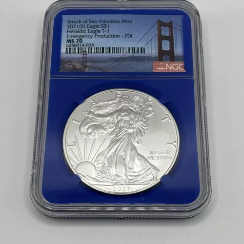 2021 S $1 NGC Heraldic Silver Eagle T1 Emergency Production GGB Blue Label MS70