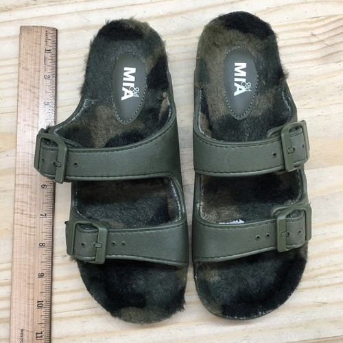 Mia Sandals Womens 7 Slip On Slides Olive Casual Open Toe Buckle Strap Faux Fur - Picture 7 of 17