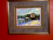 Bluebonnet Landscape Stormy clouds Barn Cactus Fence Birds in  Sky Matted Framed