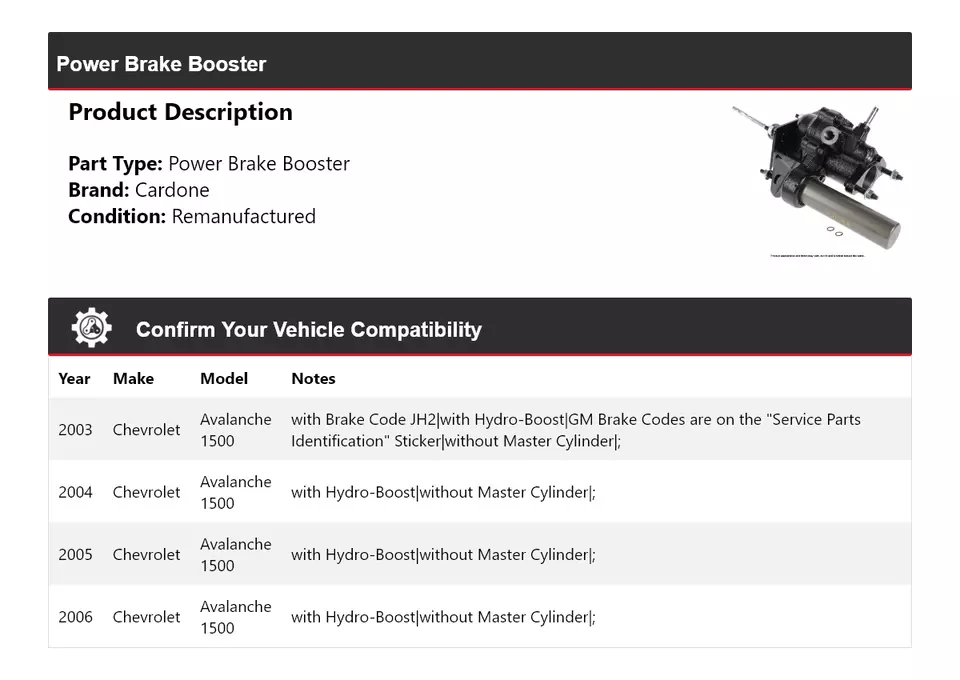 Para Chevrolet Avalanche 1500 2003-2006 Power Brake Booster Cardone 2004 2005 Foto 2 de 3