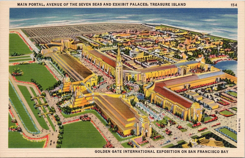 Linen Postcard Aerial Golden Gate International Exposition on San Francisco Bay