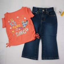 GIRLS TODDLER 2 PIECE SET WITH CORAL SHIRT AND DENIM JEANS 2T NWT