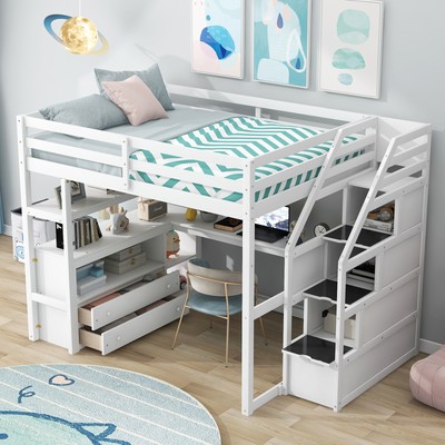Wooden Loft Bed with Built-in Desks and Storage Staircases in White/ Grey Finish