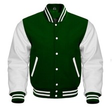 Men's Varsity Letterman Baseball Green Wool & Pure White Leather Sleeves Jacket