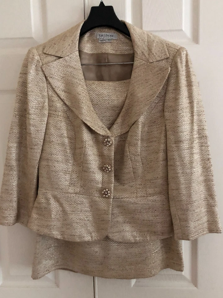 Kay Unger Talla 12 Nueva York 2 Piezas Metálico Beige Forrado Falda Traje Formal Mujer Foto 2 de 4