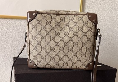 GUCCI GG Supreme Monogram Square Shoulder Bag Brown Strap Trunk Boxy 474137 EUC