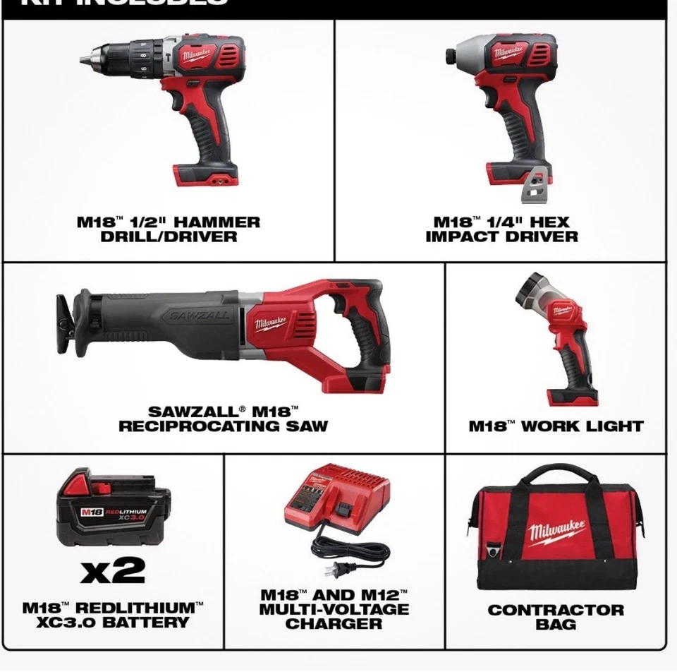 Milwaukee 2696-24 M18 Cordless Combo Compact Hammer Drill/Sawzall/1/4 Hex Impact - Image 2 of 2