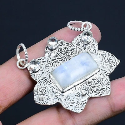 Piedra lunar arco iris, topacio blanco 925 plata colgante de joyería 1,97" - Imagen 1 de 4