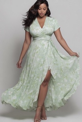 Flycurvy Sage Green Wrap Maxi Dress Plus Size XL/14 V-Neck Formal Chiffon NWT