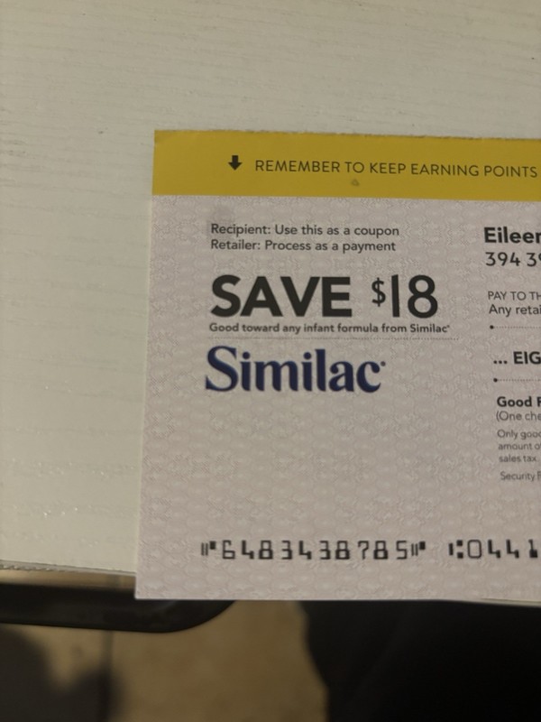 $18 worth of Similac Baby Infant Formula Coupon Checks Expired 8/7/2026. $18x1