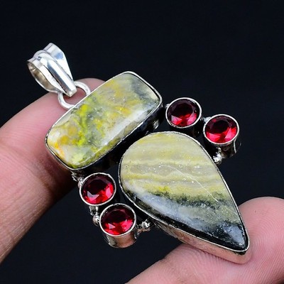 Bumble Bee Jasper, Garnet Gemstone 925 Sterling Silver Pendant 2.19'' D838