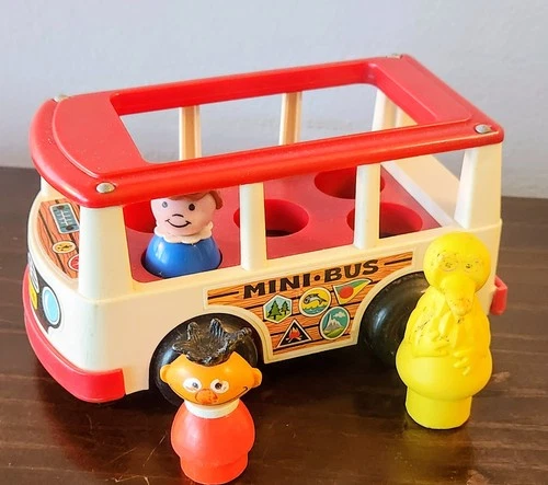 VINTAGE! Fisher-Price Little People Mini Bus #141 & 3 Figues Big Bird Ernie Girl