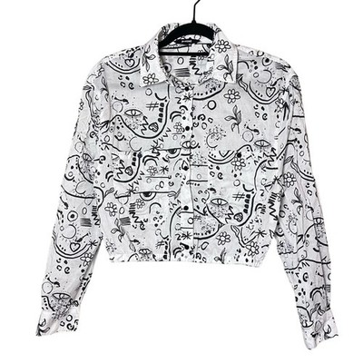 Desigual Abstract Hand Drawn Print Crop Collared Button Up Shirt White Black M