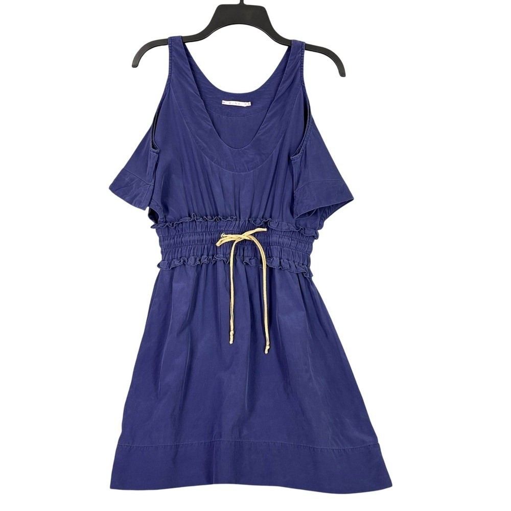 Wink Silk Dress Cold Shoulder Womens Small Blue Drawstring Mini