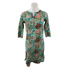 Fabindia Women's Multicolor Floral 3/4 Sleeve Midi Ethnic Kurta Shirt Dress XS
