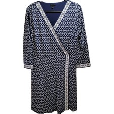Talbots Dress Womens Large Faux Wrap Jersey Knit Blue Geometric Career Slinky