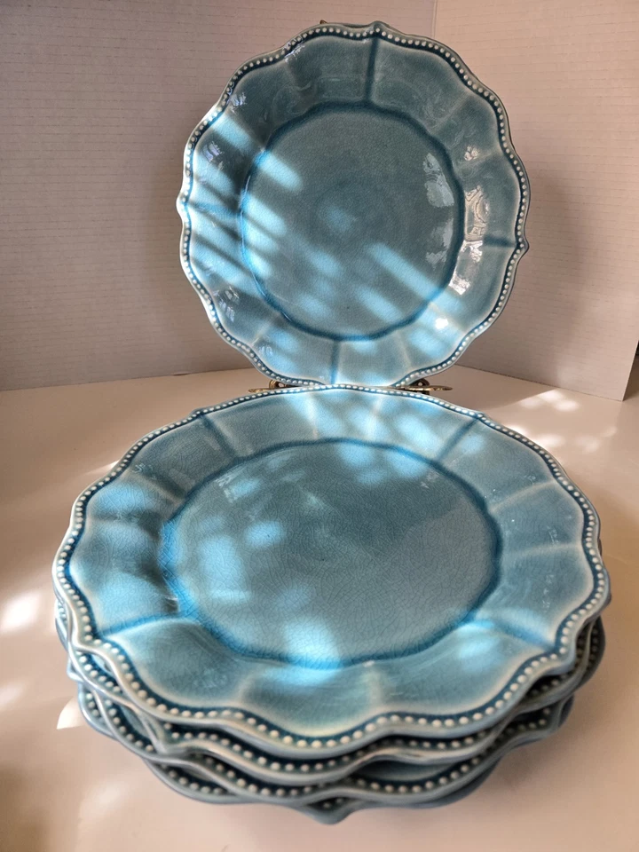 ЖЕНЩИНА-ПИОНЕР набор (5) синих треск глазурь зубчатые обеденные тарелки - 10 1/2" - Изображение 2 из 4