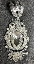 Owl Pendant Large 4 Inches Rhinestones Silver Tone Black Eyes Statement Bird