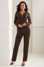 Size XL Midnight Velvet Annika Brown Pearl Trim Formal Dinner Party Pant Set