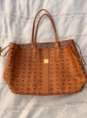 MCM Liz Reversible Large Shopper Tote Cognac Visetos Monogram Gingham Leather