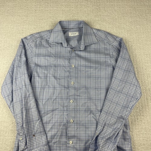 Eton Men’s Dress Shirt 40 15 1/3 Blue Houndstooth Plaid Button Up Read* - Picture 2 of 18