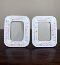 VTG Set Of 2 Shabby Chic Picture Frames Painted Pink Flowers Cottage Core 6 7/8”