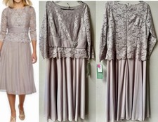 Jackie Jon Mother of Bride/Groom Putty 3/4 Sleeve Lace Chiffon Dress Sz.16~NWT