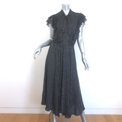 Michael Kors Polka Dot Tie-Neck Ruffled Midi Dress Black White Silk Size 