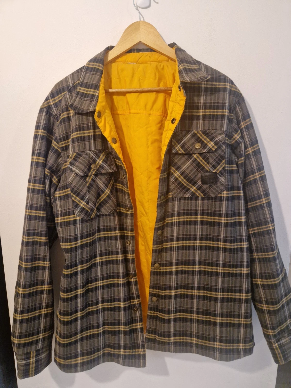Oakley Mens Reversible Quilted Overshirt Size Large Green Yellow Check Vgc Snap