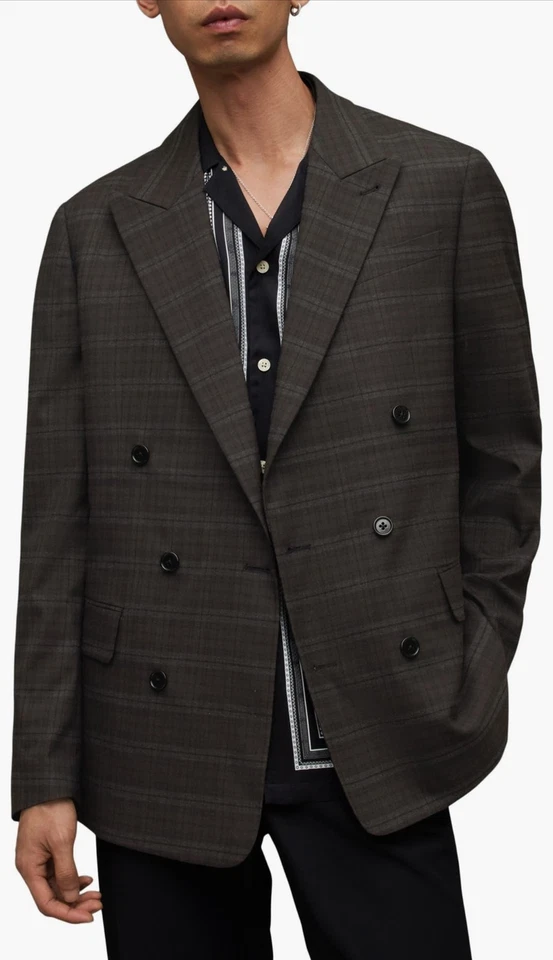 Blazer AllSaints Spica Para Hombres 34 Marrón Gris Cuadros Doble Pecho Traje Chaqueta Nuevo Foto 2 de 4