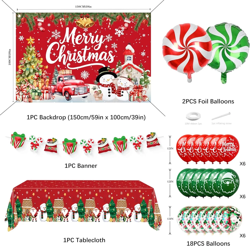 Набор украшений для рождественской вечеринки, фон 59x39 дюймов, скатерть, баннер, 20 шаров - Изображение 2 из 4