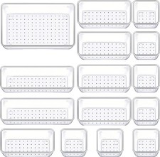 15 Piece Clear Drawer Organizer Set 4 Size Plastic Storage Bins for Desk Kitchen