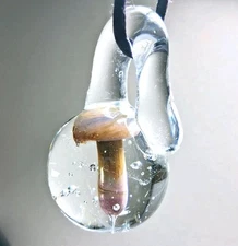 Clear Blown Glass Charm Fleshy Orange Pink Mushroom Inside Window Dangle 