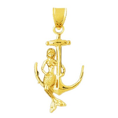 14K Solid Gold 3-D Mermaid Sitting On Anchor Pendant