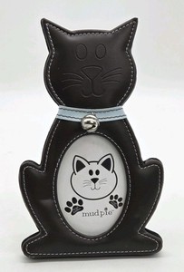 Mud Pie Cat Picture Frame 7.25"T Brown Faux Leather Aqua Collar 2.5"W x 3"T Pic