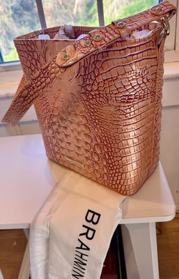 Brahmin Leather Apricot Rose Celina Shoulder Bag/Tote Croc Embossed NWT