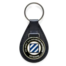 U.S. Army 3rd Infantry Division Black Leather Keychain Silver Keyring