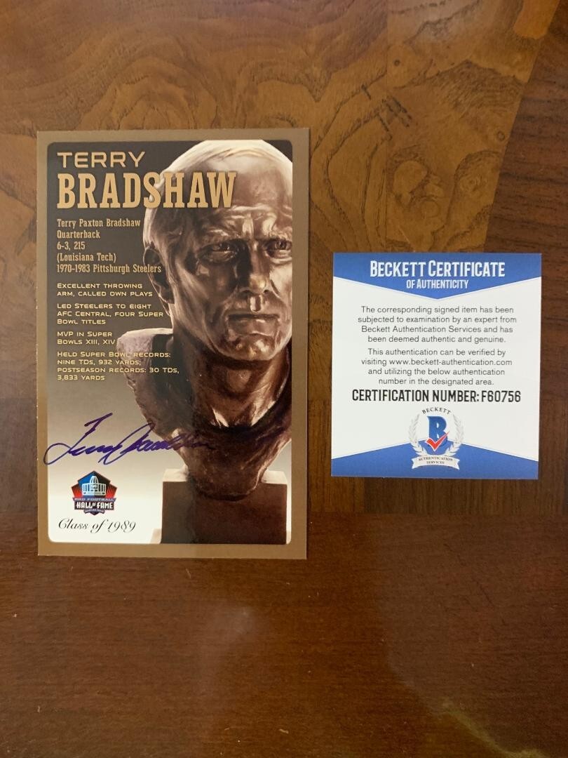Terry Bradshaw Autographed Signed Pittsburgh Steelers Pro Football HOF Bronze Bust postcard /150 Beckett 