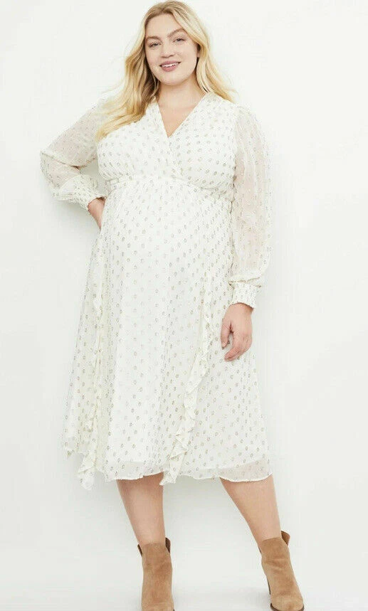 NWT Jessica Simpson Plus Maternity Clip Dot Flounce Dress XL White