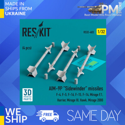 Reskit RS32-0483 1/32 AIM9P Sidewinder missiles 4 pcs F4 F5 F16 F15 F14 MirageF1