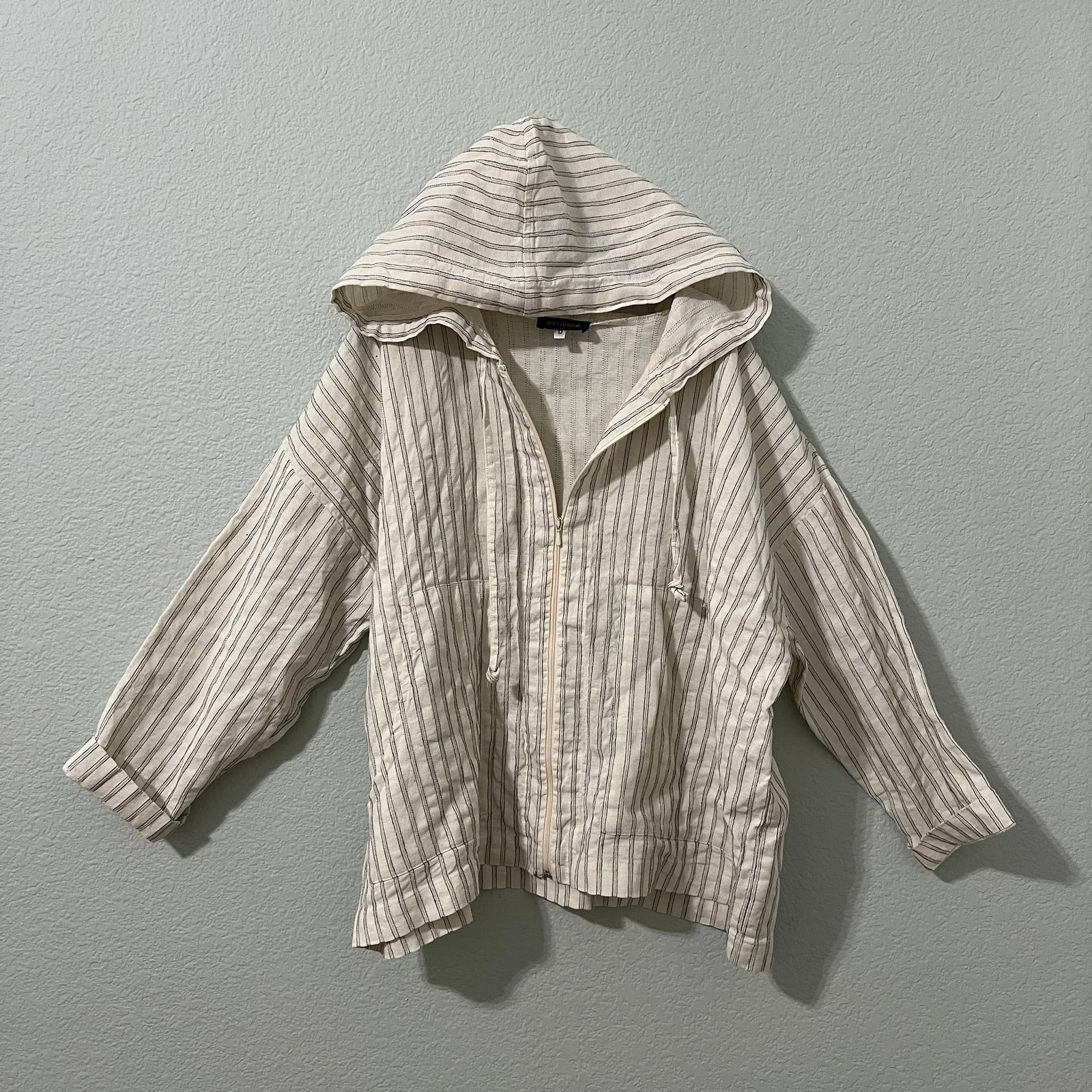 OFF WHITE Giacca Eskandar Off White lino canapa a righe con cappuccio e zip taglia 0 oversize