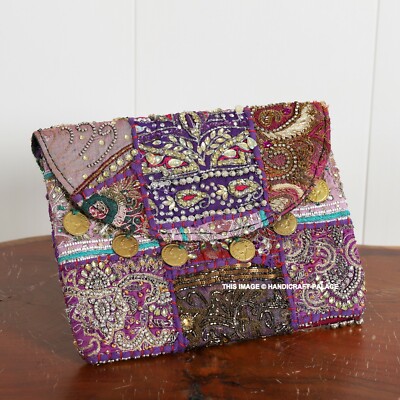 Indian Vintage Geldbörse Patchwork Zari Stickerei Damen Clutch Bag Umhängetasche