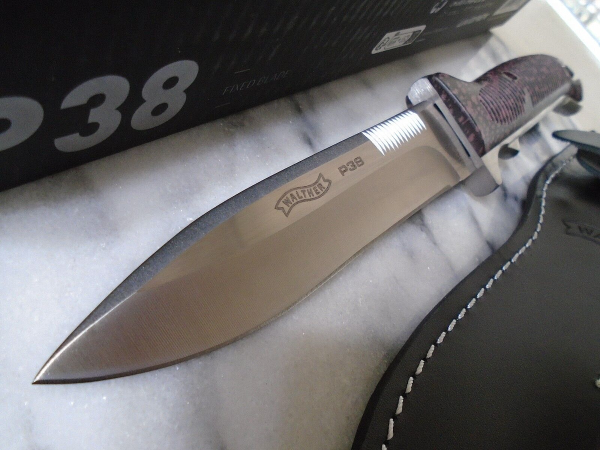 Walther P38 Fixed Blade Hunter Bowie Knife 440C Leather Sheath