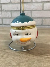 Ceramic 3" Snowman Head Christmas Holiday Trinket Box Hanging Ornament