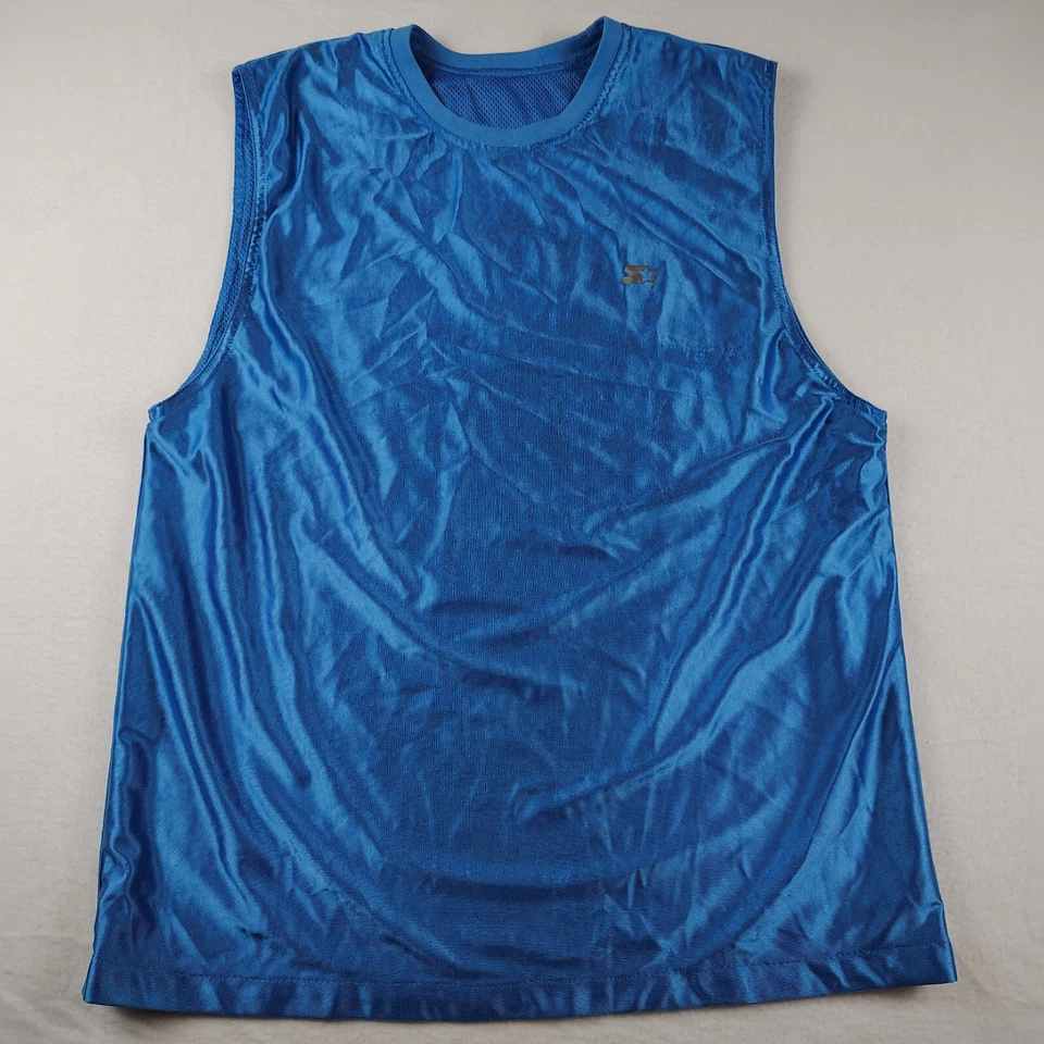 VTG Starter Shirt Mens Large Blue Revesable T Cut Solid / Mesh Logo Sleeveless - Image 3 of 4